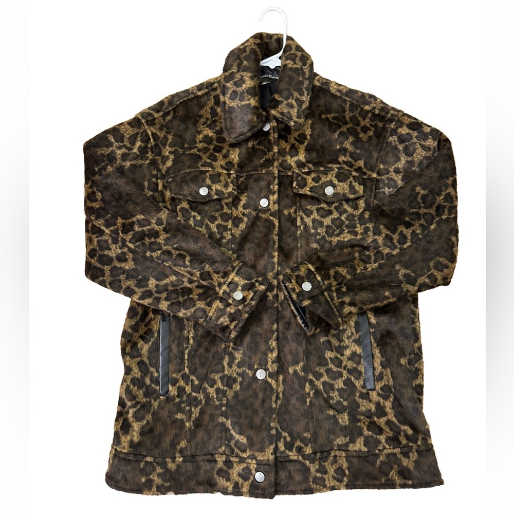 Free People Leopard Print Faux Fur Leather Trim Oversized Jacket Size XS - Picture 2 of 9